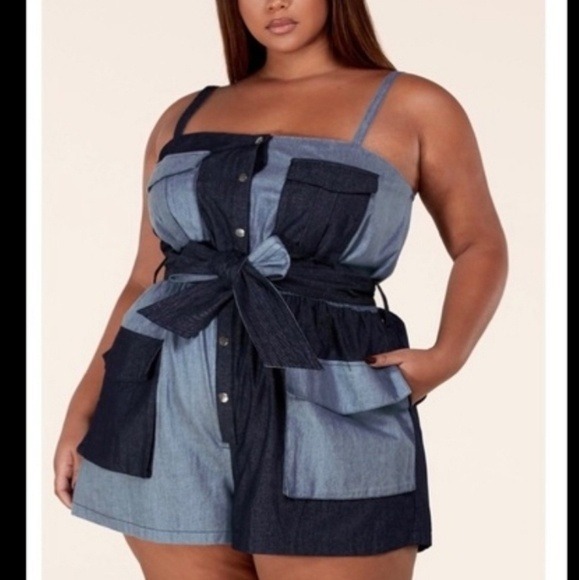 L'Atiste By Amy Pants - L'atiste 90's Y2K Summer Patchwork Sleeveless Denim Chambray Romper Jrs. Large